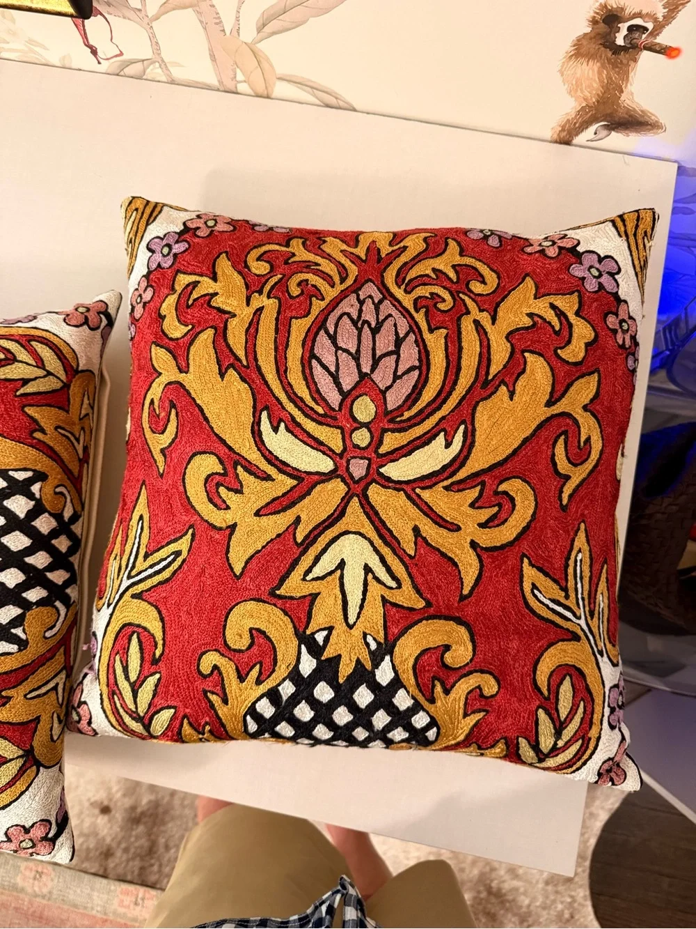 Hand Embroidered Red & Gold Decorative Throw Pillow Pair